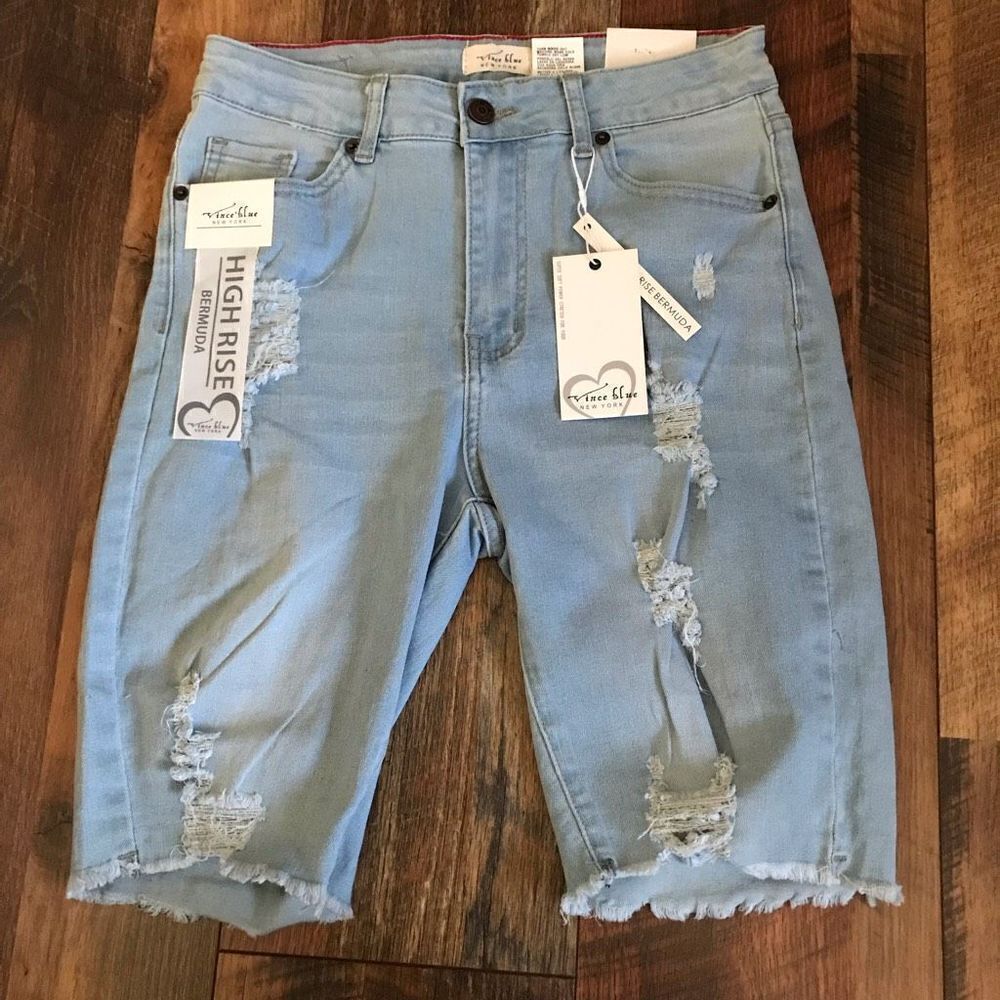 Vince blue NY Bermuda Distressed Denim High Waist Shorts SZ 5 New with tags